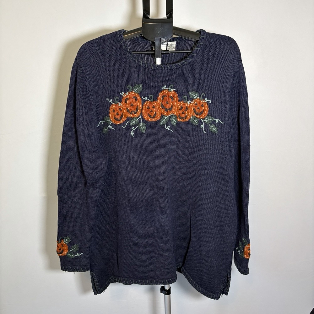 VTG CJ Banks 2X Hand Embroidered Pumpkin Halloween Fall Cottage Sweater Blue Y2K